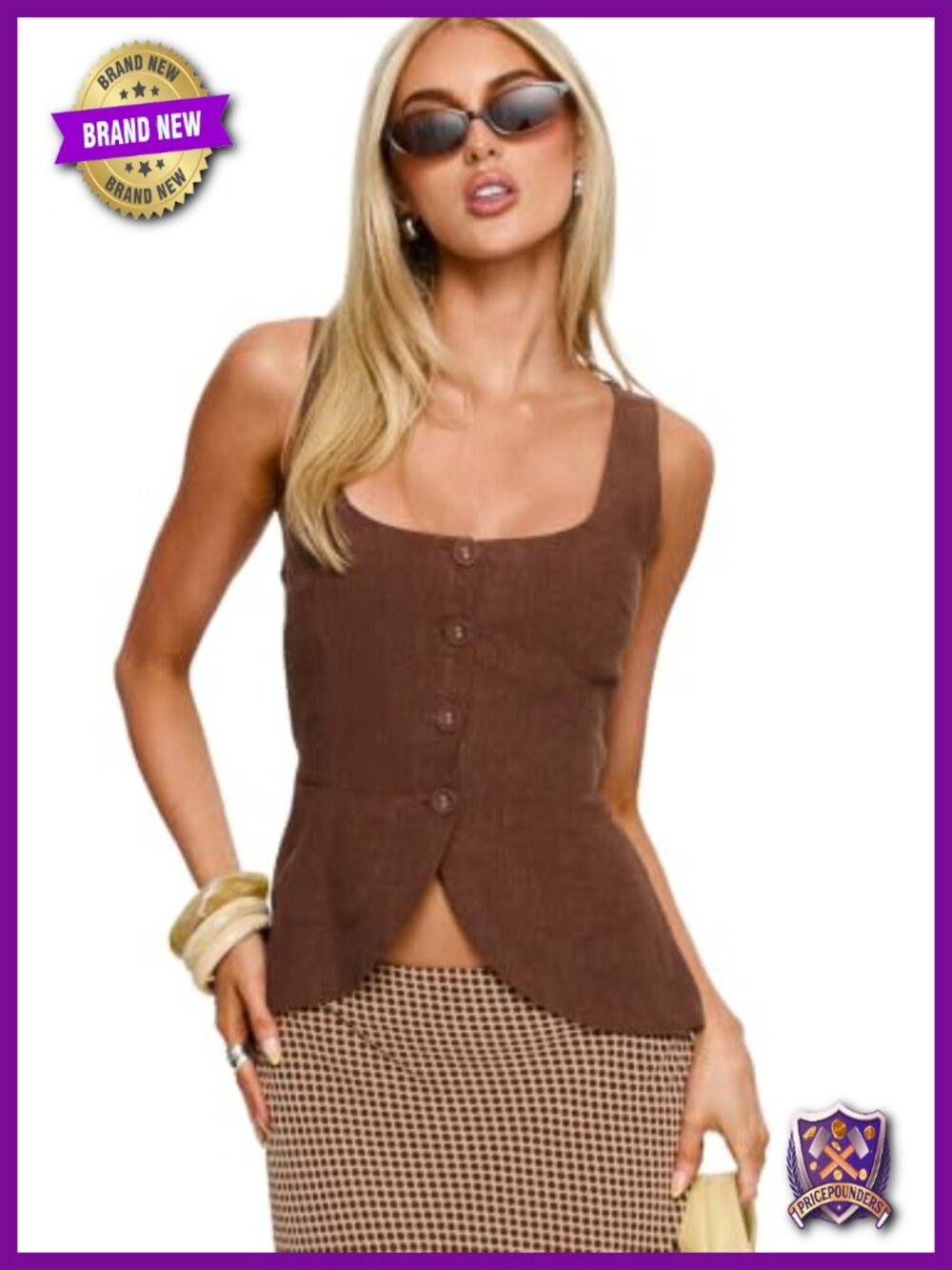 Linen Blend Vest Top Square Neck Button-Up Twin Pockets Tie-Back Sleeveless